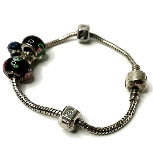 925 Silver 7” Bracelet 2 Glass Beads Dangling Charm & Ball Clasp - Picture 5 of 8